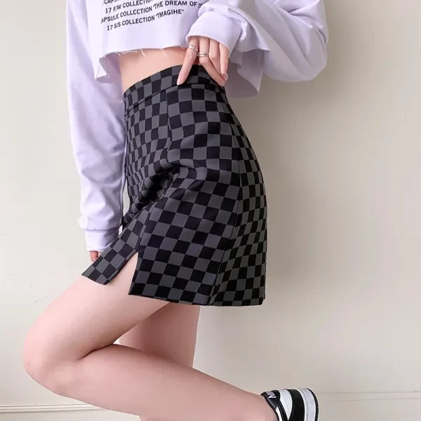 Black Checkered Print Split Hem Zipper Skirt