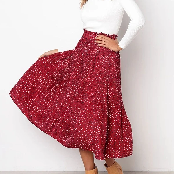 Elegant Red Polka Dot Pleated A-Line Midi Skirt