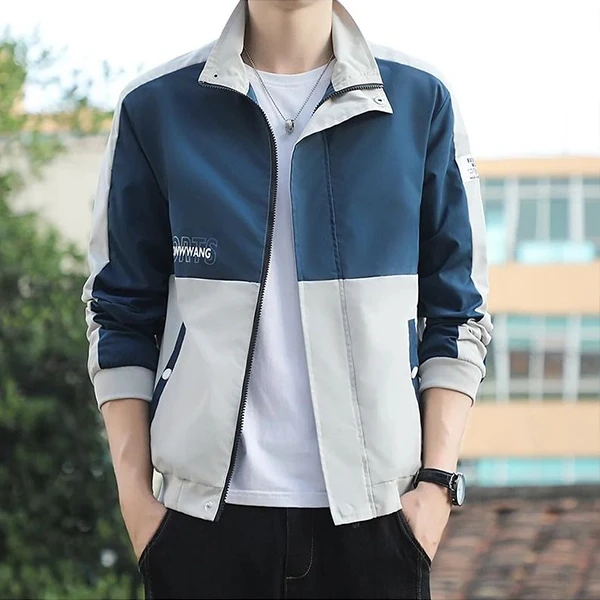 Blue Zipper Closure Men's Jacket with Letter Print Stand Collar - Fashionable an