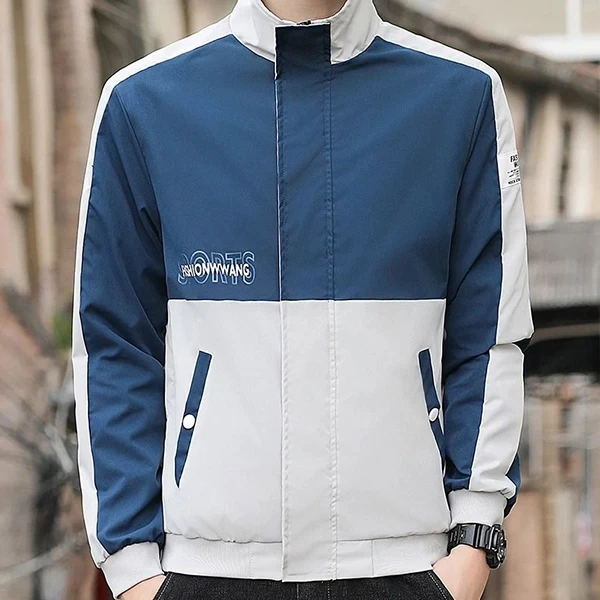 Blue Zipper Closure Men's Jacket with Letter Print Stand Collar - Fashionable an
