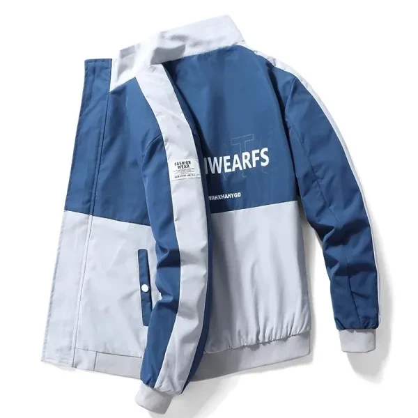 Blue Zipper Closure Men's Jacket with Letter Print Stand Collar - Fashionable an