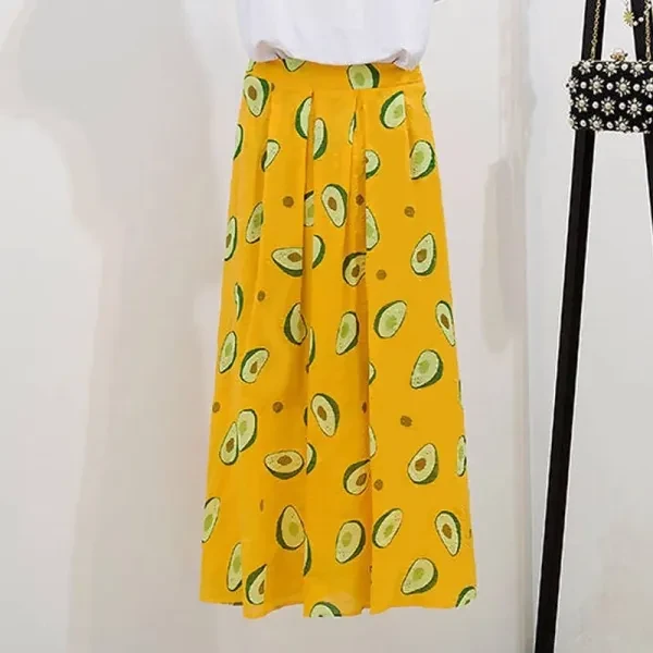 Yellow Avocado Print Long Skirt with Elastic Waist (Terylene)