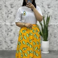 Yellow Avocado Print Long Skirt with Elastic Waist (Terylene)