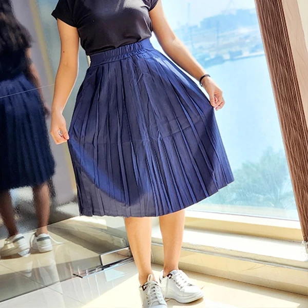 Blue High Waist Elastic Pleated Mini Skirt