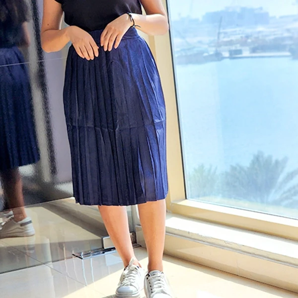 Blue High Waist Elastic Pleated Mini Skirt