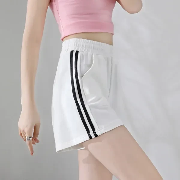 Women's Elastic Waist Striped Sports Shorts - Double Pocket
