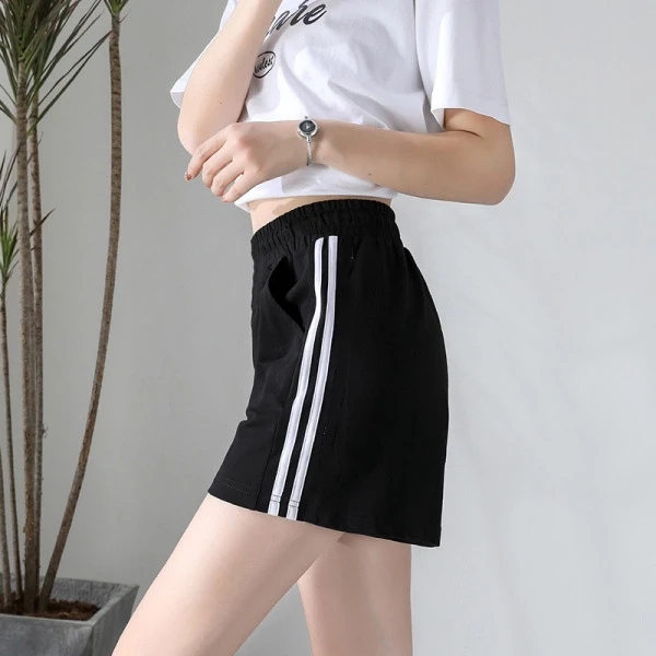 Women's Striped Sports Shorts with Elastic Waist & Pockets
