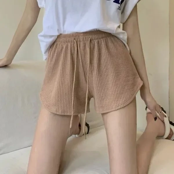Brown Ribbed Elastic Waist Casual Women's Shorts with Drawstring