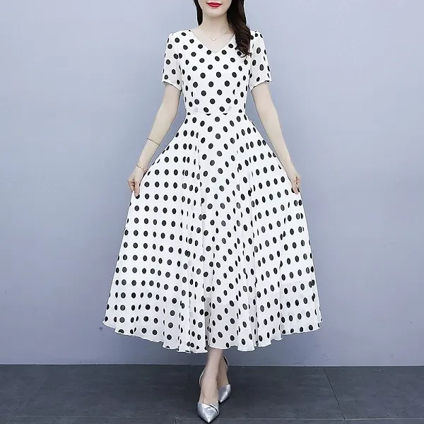 Polka Dots Print V Neck Women Casual Dress Short Sleeves Pleated Waist A-Line Fa