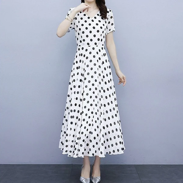 Polka Dots Print V Neck Women Casual Dress Short Sleeves Pleated Waist A-Line Fa