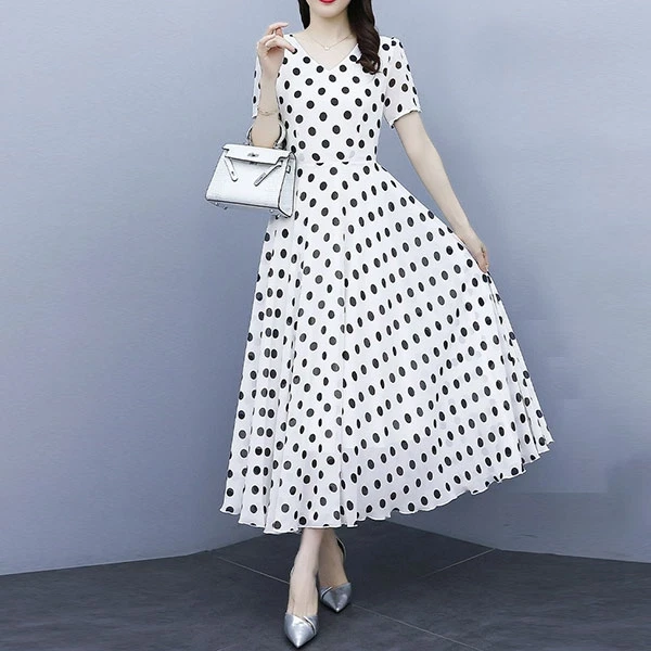 Polka Dots Print V Neck Women Casual Dress Short Sleeves Pleated Waist A-Line Fa