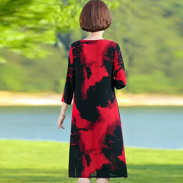 Ink Splash Print Long Sleeves Women Casual Dresses Round Neck Side Split Hem Loo