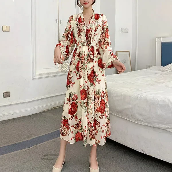 Rose Pattern V Neck Long Puff Sleeves Waist String Closure Casual Wear Midi Dres