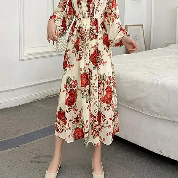 Rose Pattern V Neck Long Puff Sleeves Waist String Closure Casual Wear Midi Dres