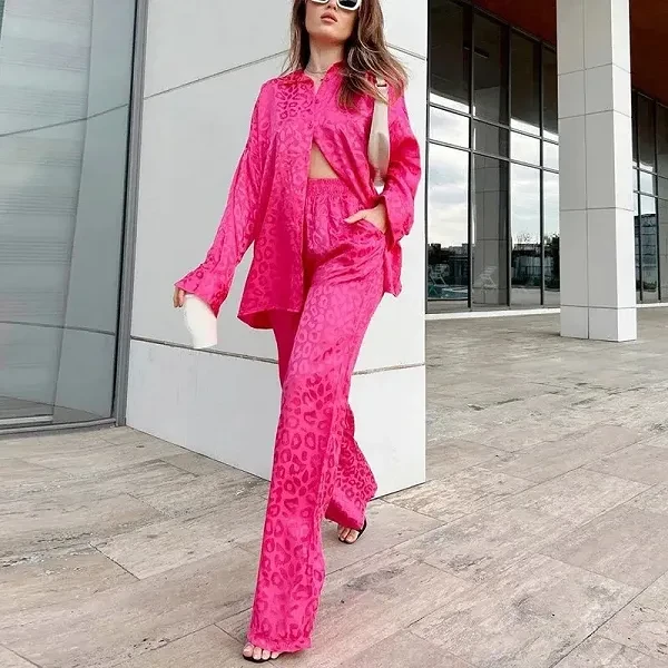 Luxury Design Turn Down Collar Shirt High Waist Wide Leg Casual Two Piece Summer