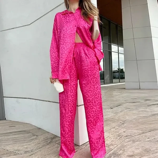 Luxury Design Turn Down Collar Shirt High Waist Wide Leg Casual Two Piece Summer