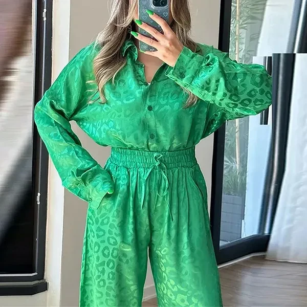 Luxury Design Turn Down Collar Shirt High Waist Wide Leg Casual Two Piece Summer