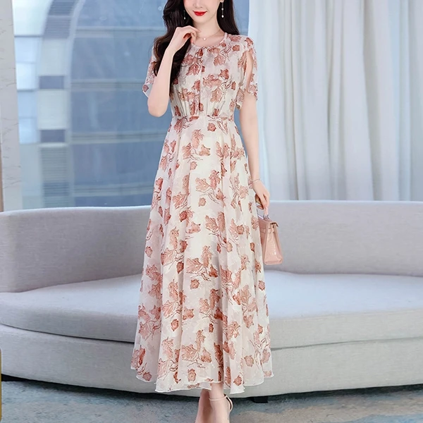 Summer Floral Print Pleated Waist Prom Dress Casual Party Beach Wear Long Midi D