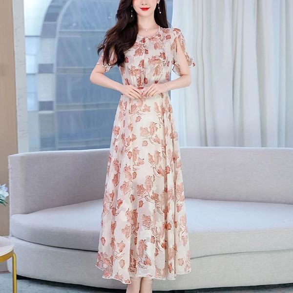 Summer Floral Print Pleated Waist Prom Dress Casual Party Beach Wear Long Midi D