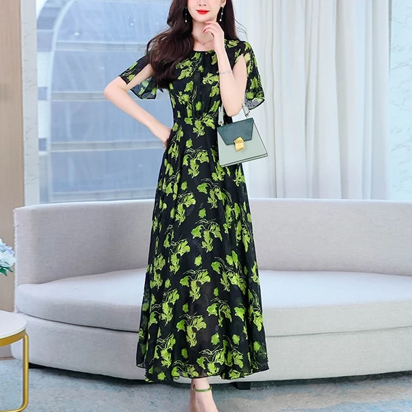 Summer Floral Print Pleated Waist Prom Dress Casual Party Beach Wear Long Midi D