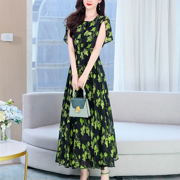 Summer Floral Print Pleated Waist Prom Dress Casual Party Beach Wear Long Midi D