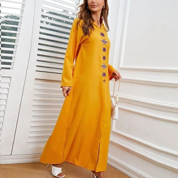 Embroidery Pattern Full Sleeves Yellow Color Women Casual Wear Hoodie Neck Dress