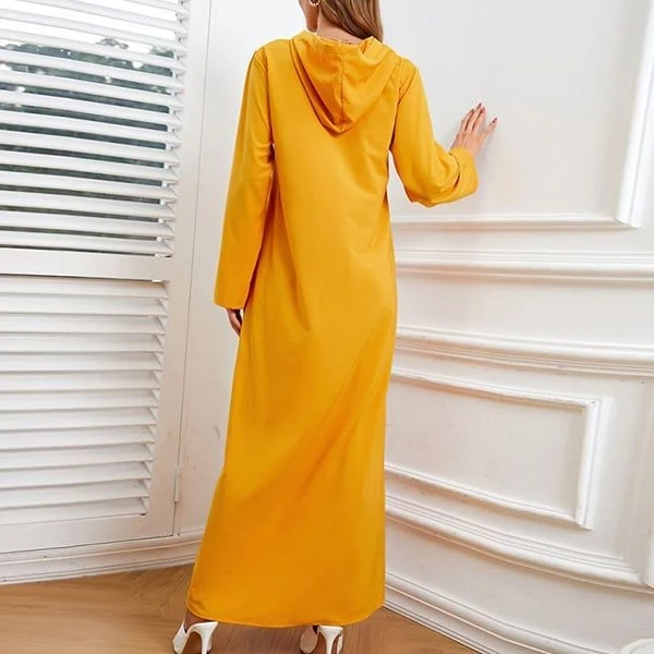 Embroidery Pattern Full Sleeves Yellow Color Women Casual Wear Hoodie Neck Dress