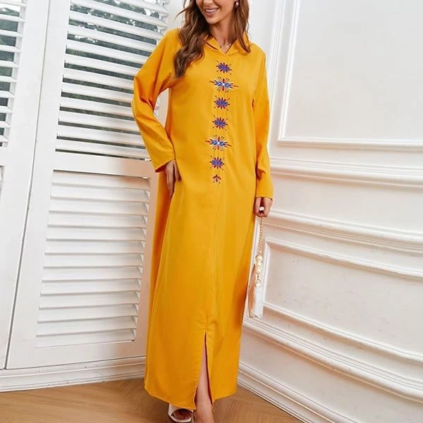 Embroidery Pattern Full Sleeves Yellow Color Women Casual Wear Hoodie Neck Dress
