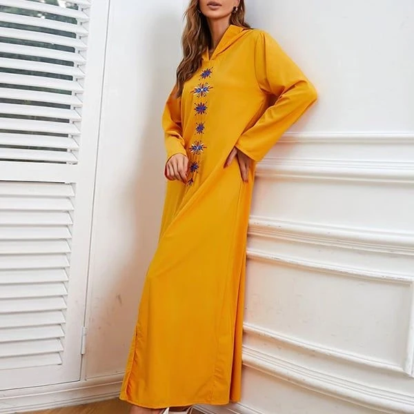 Embroidery Pattern Full Sleeves Yellow Color Women Casual Wear Hoodie Neck Dress