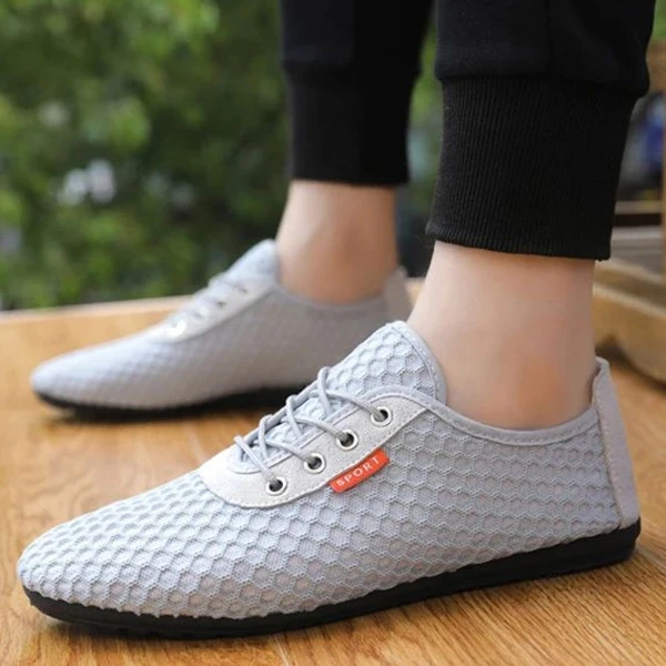 Hollow Breathable Mesh Design Men Casual Flat Shoes Lace Closure Almond Toe Walk