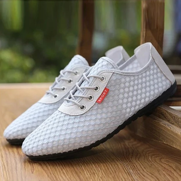 Hollow Breathable Mesh Design Men Casual Flat Shoes Lace Closure Almond Toe Walk