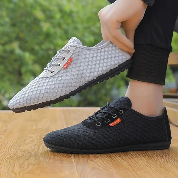 Hollow Breathable Mesh Design Men Casual Flat Shoes Lace Closure Almond Toe Walk