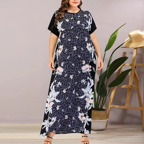 Plus Size Floral Print Short Sleeves Women Abaya Formal Casual Wear Long Maxi Dr