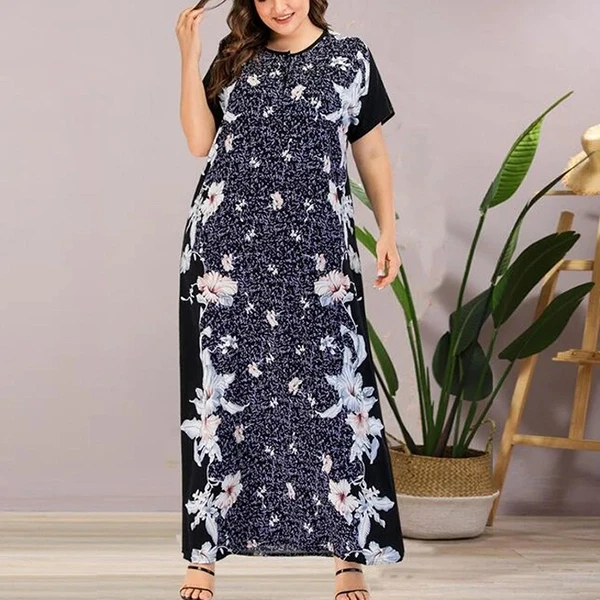 Plus Size Floral Print Short Sleeves Women Abaya Formal Casual Wear Long Maxi Dr