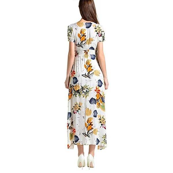 Multi Floral Pattern V Neck Short Sleeves Women Casual Wear Midi Dress
