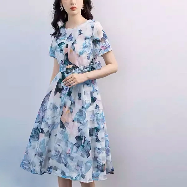 Random Print Round Neck Short Sleeves Women Casual Wear Mini A-Line Belted Dress