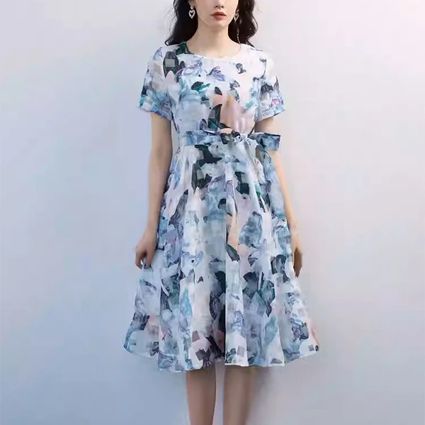 Random Print Round Neck Short Sleeves Women Casual Wear Mini A-Line Belted Dress