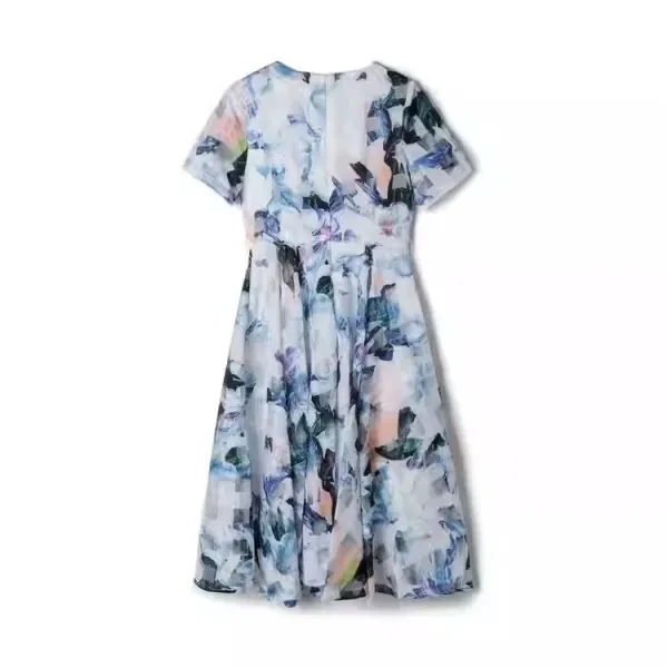 Random Print Round Neck Short Sleeves Women Casual Wear Mini A-Line Belted Dress