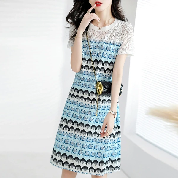 Random Design Lace Floral Crew Neck Short Sleeves Women Casual Mini Bodycon Dres