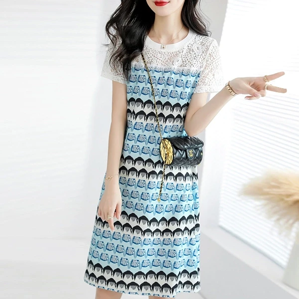 Random Design Lace Floral Crew Neck Short Sleeves Women Casual Mini Bodycon Dres