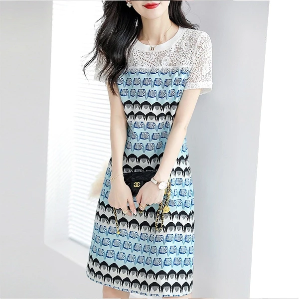 Random Design Lace Floral Crew Neck Short Sleeves Women Casual Mini Bodycon Dres
