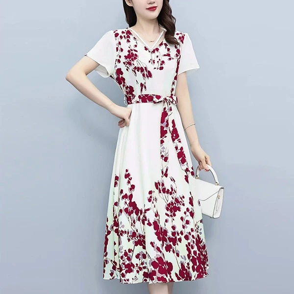 Pearls V Neck Short Sleeves Women Casual Formal Wear A-Line Belted Dress
