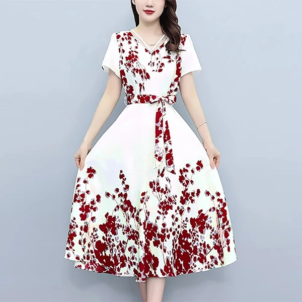 Pearls V Neck Short Sleeves Women Casual Formal Wear A-Line Belted Dress