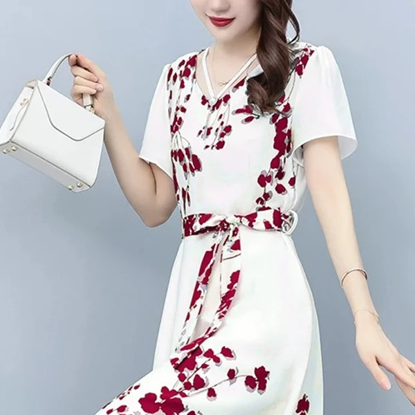 Pearls V Neck Short Sleeves Women Casual Formal Wear A-Line Belted Dress
