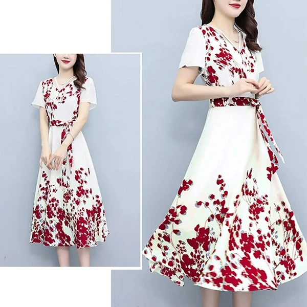 Pearls V Neck Short Sleeves Women Casual Formal Wear A-Line Belted Dress