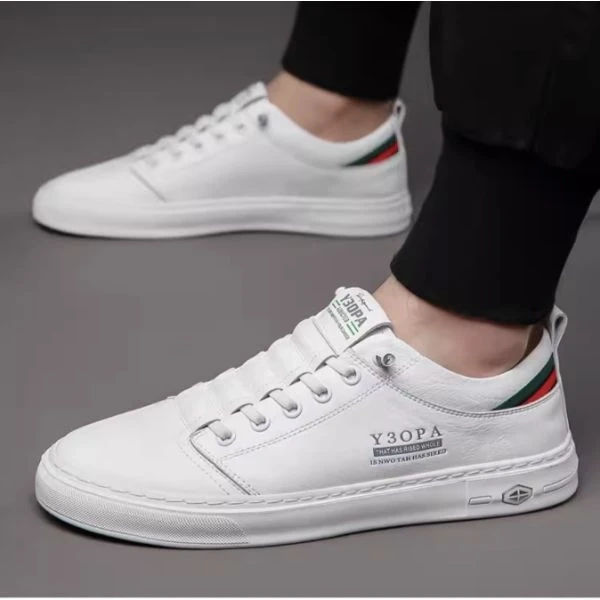 Letters Pattern Plain White Men Flat Shoes PU Leather Lace Closure Soft Bottom C