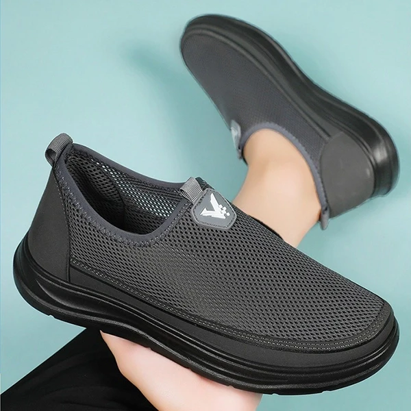 Breathable Mesh Panel Casual Flat Shoes For Men Slip On Soft Bottom Casual Walki
