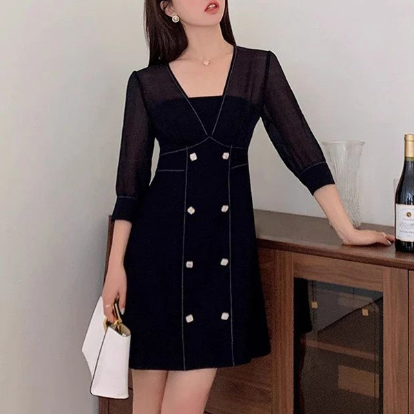 Black V Neck Cocktail Dress with Sleeves - Stylish and Fashionable Casual Wear (