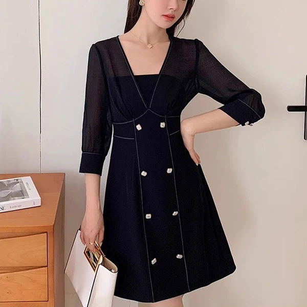 Black V Neck Cocktail Dress with Sleeves - Stylish and Fashionable Casual Wear (
