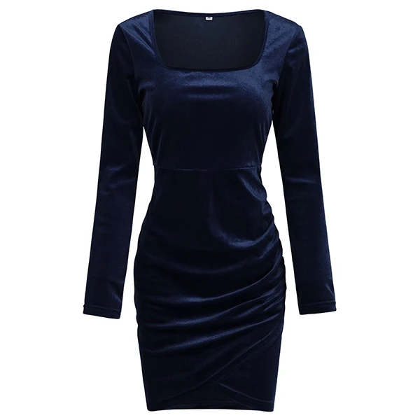 Blue Velvet Square Neck Ruched Cocktail Party Dress for Women